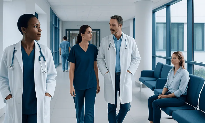 Medical team discussing patient care in hospital corridor.