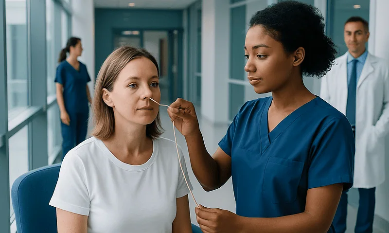 Nasal tube insertion procedure in a hospital setting with medical staff.