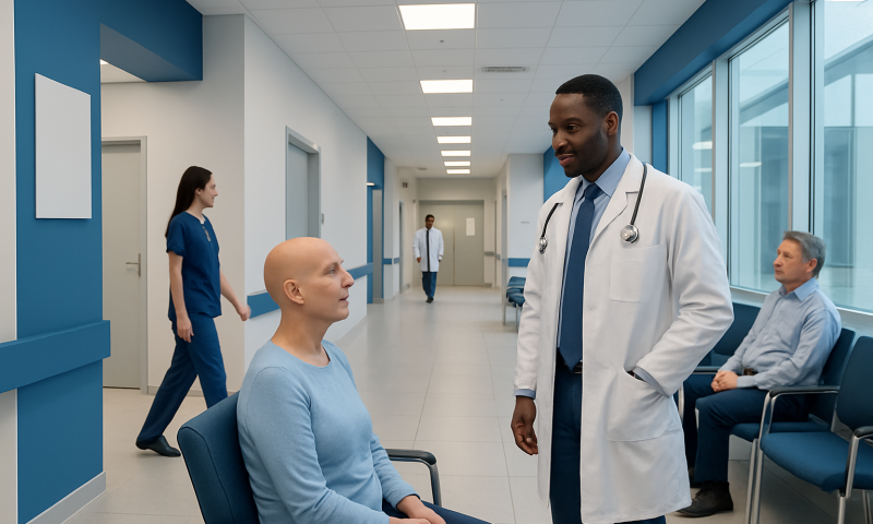 Doctor consulting a patient in a hospital corridor with other staff and patients nearby.