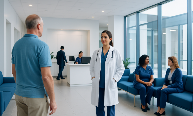 Doctor talking to a patient in a modern hospital waiting area.