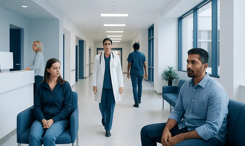Patients waiting in a modern hospital corridor with medical staff present.