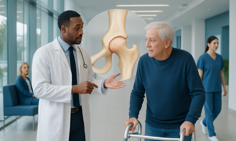 Health Library 9 Orthopedic consultation on left femoral neck with doctor and elderly patient.