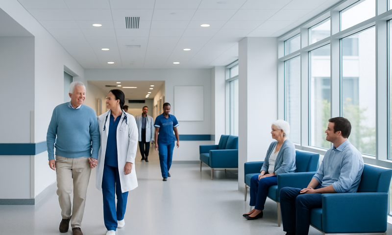 Healthcare professionals and patients in a modern hospital corridor.