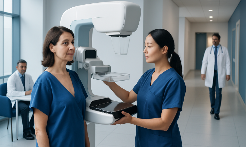 Medical staff preparing for mammogram in hospital corridor.