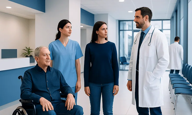 Doctor consulting with patients in a hospital corridor.