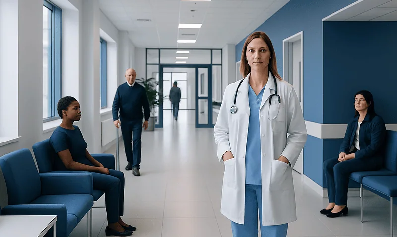Healthcare professional in hospital corridor with patients and staff.