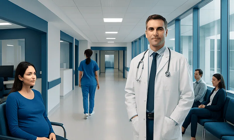 Medical team and patients in a modern hospital corridor.