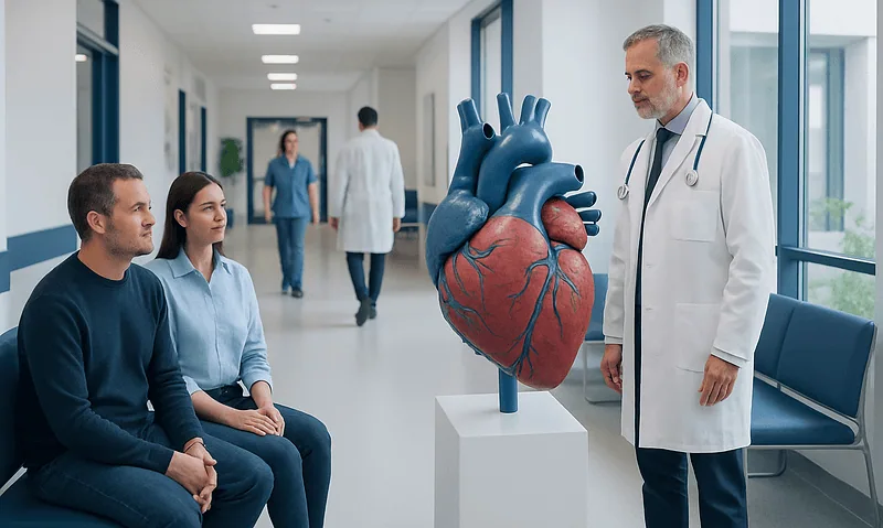 Doctor explaining heart model to patients in hospital corridor.