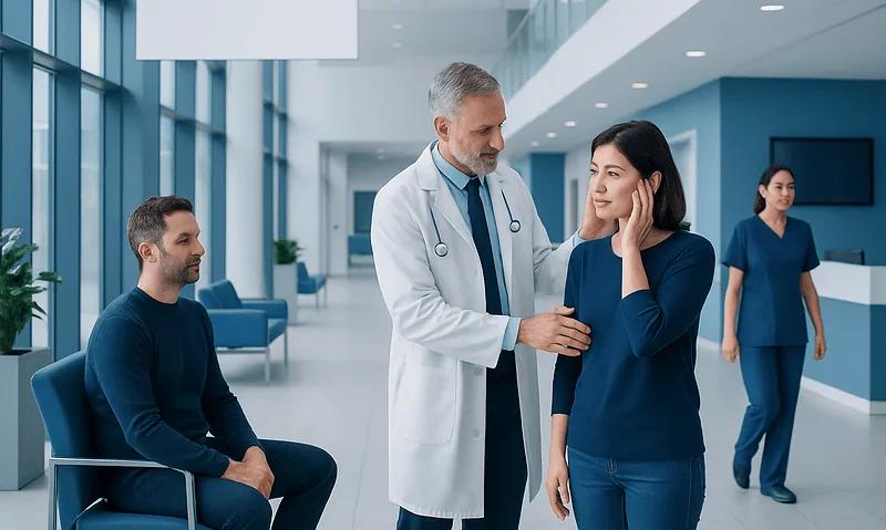 Doctor consulting with a patient in a modern hospital corridor.