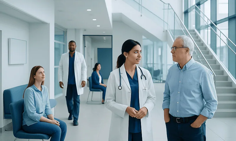 Medical team discussing patient care in a modern hospital lobby.