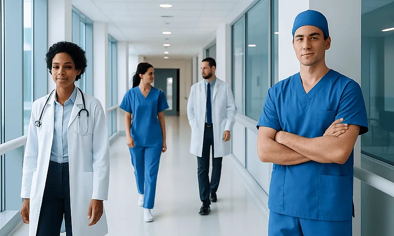 Medical professionals walking in hospital corridor with a surgeon in blue scrubs.