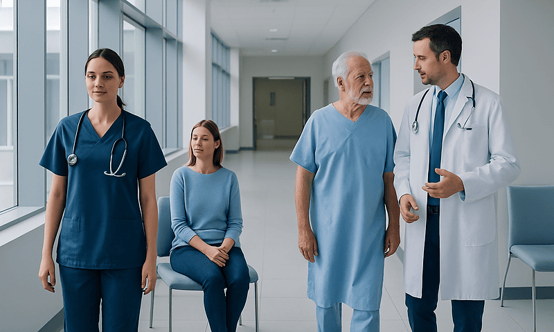 Medical professionals and patient in hospital corridor at Acibadem Hospitals Group.