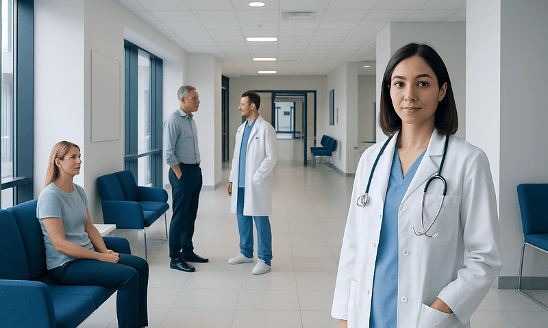Medical professionals and patient in a hospital corridor at Acibadem Hospitals Group.