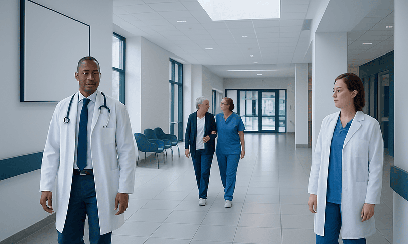 Medical professionals walking in a hospital corridor at Acibadem Hospitals Group.