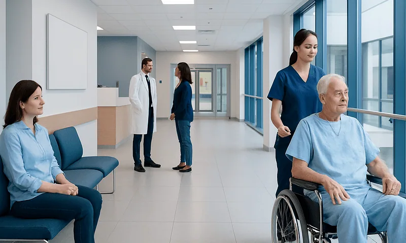 Hospital corridor with patients and healthcare professionals during recovery.