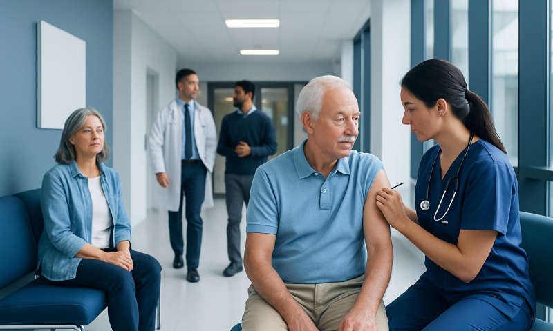 Elderly man receiving a vaccination shot from a nurse in a hospital corridor.