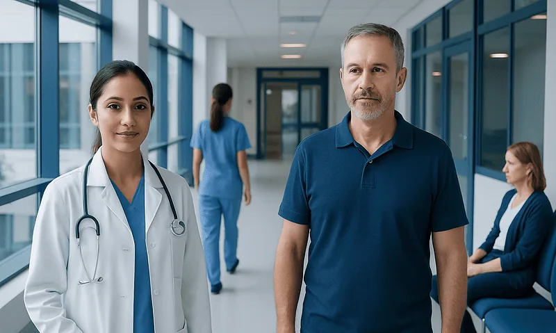Medical professionals in a hospital corridor with patients and staff in the background.