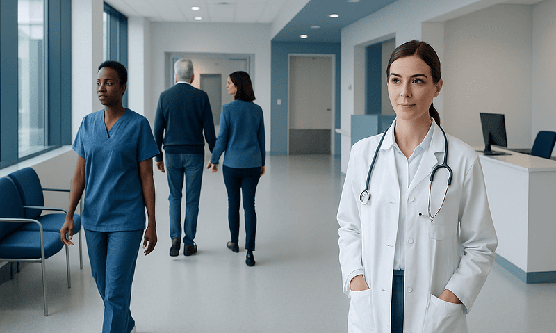Healthcare professionals in a hospital corridor at Acibadem Hospitals Group.