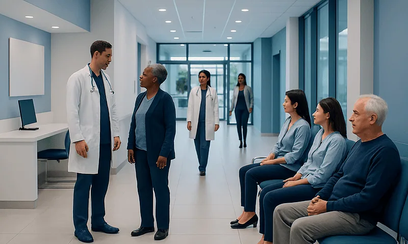 Doctor consulting with elderly patient in hospital corridor.
