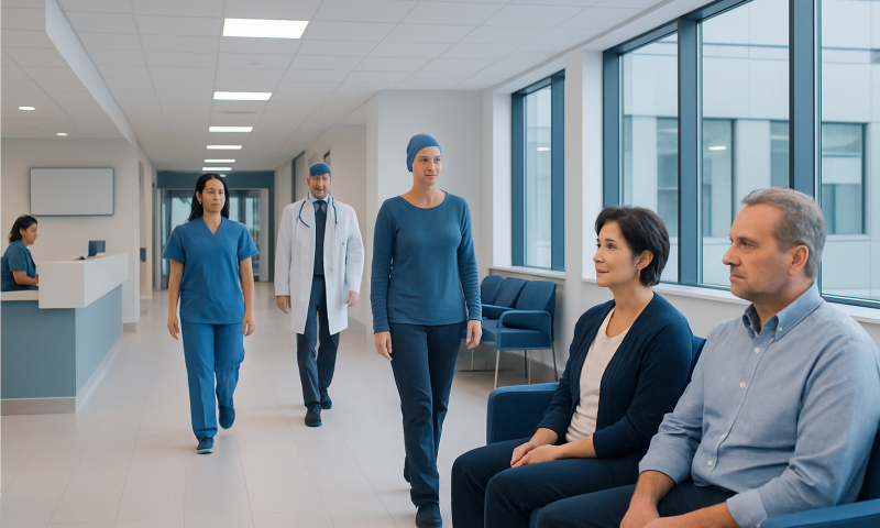 Patients and medical staff in a hospital corridor at Acibadem Hospitals Group.
