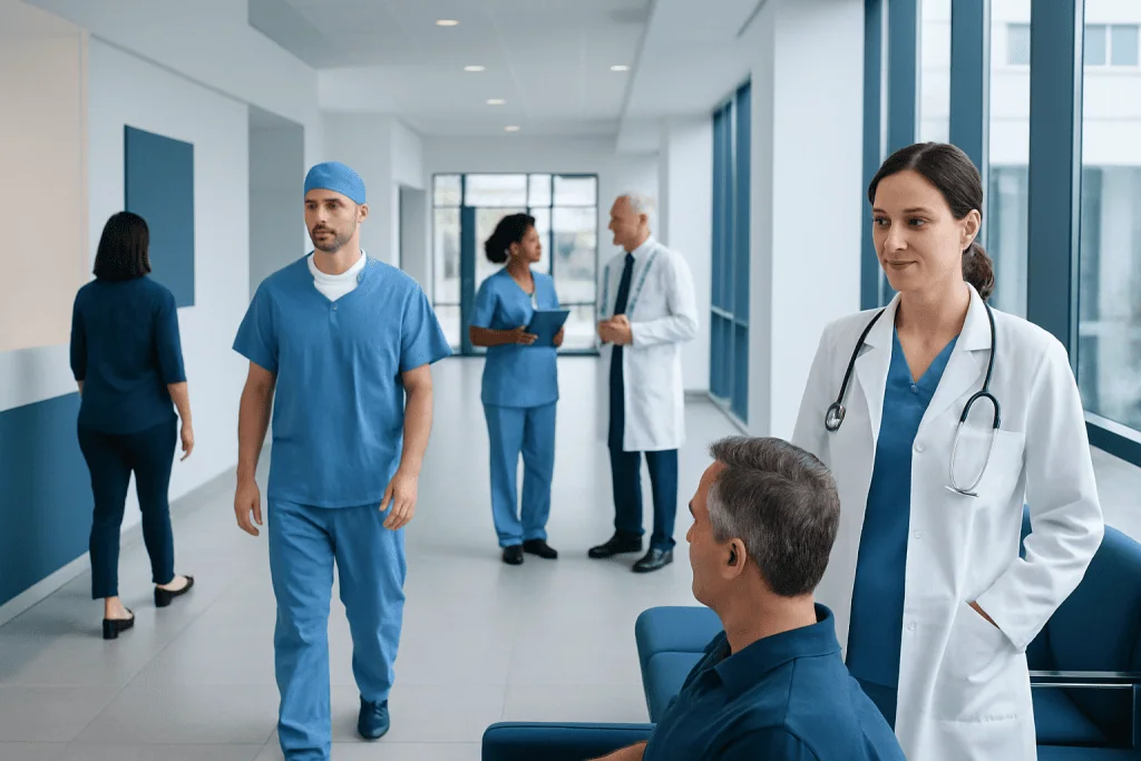 Surgical Repair of the Eardrum Medical Term: Procedure, Recovery and Results 1 Medical team in hospital corridor with doctor and patient.