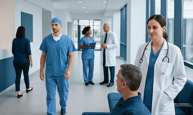 Surgical Repair of the Eardrum Medical Term: Procedure, Recovery and Results 17 Medical team in hospital corridor with doctor and patient.