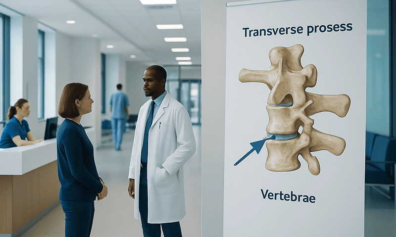 Medical professional explaining transverse process of vertebrae to patient.