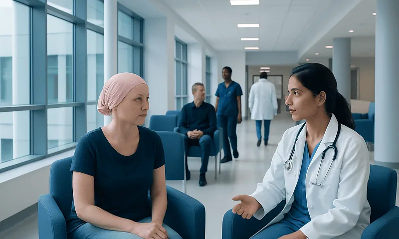 Doctor consulting a patient in a modern hospital corridor.