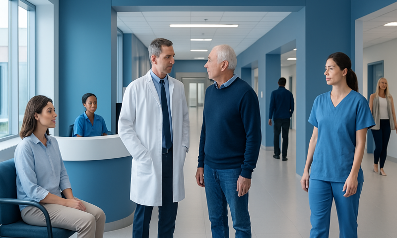 Medical team consulting with patient in hospital corridor at Acibadem Hospitals.