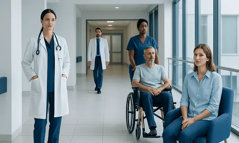 Medical team with patient in hospital corridor at Acibadem Hospitals Group.