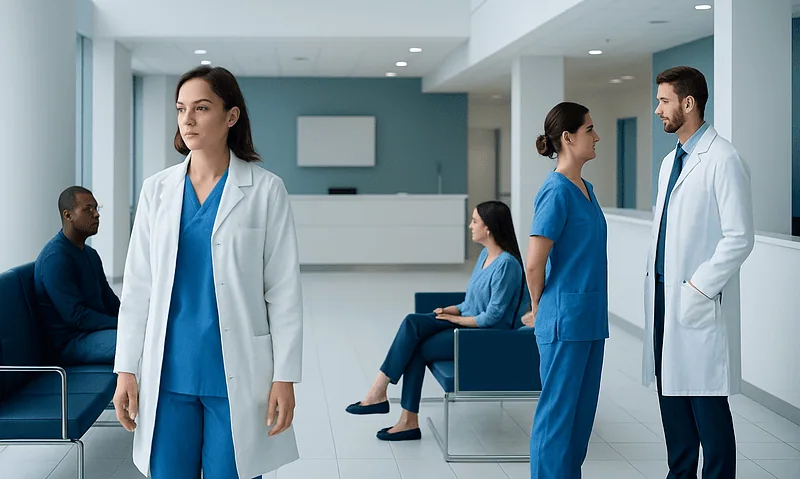 Medical professionals and patients in a hospital waiting area at Acibadem Hospitals Group.