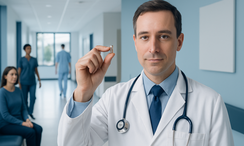 Doctor holding a tiny pacemaker in a hospital corridor.