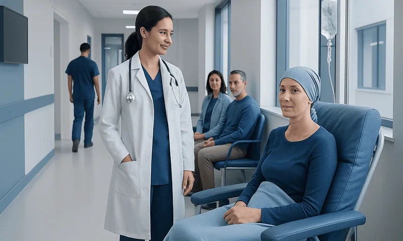Healthcare professional consulting a patient in a hospital corridor.