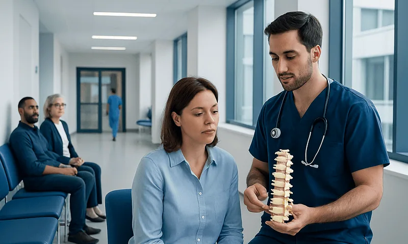 Doctor explaining spinal anatomy to patient in hospital corridor.