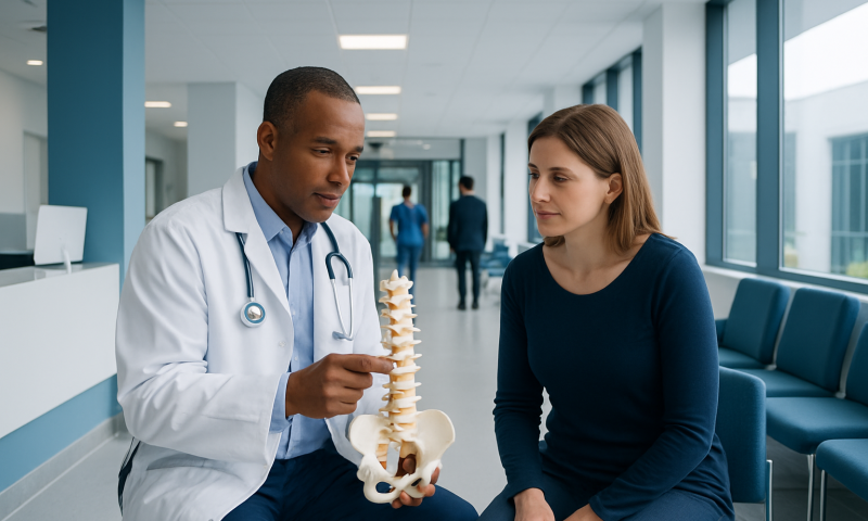 Doctor explaining spinal anatomy to a patient in a hospital corridor.