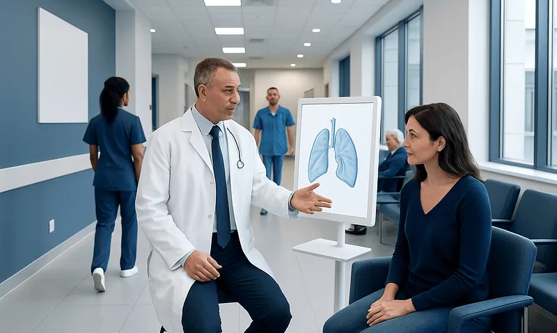 Doctor explaining lung health to a patient in a hospital corridor.