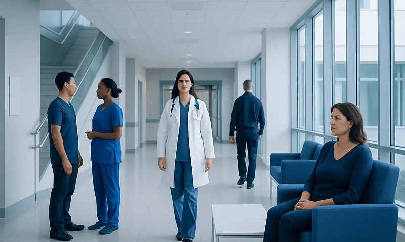 Health Library 5 Healthcare professionals and patients in a modern hospital corridor.