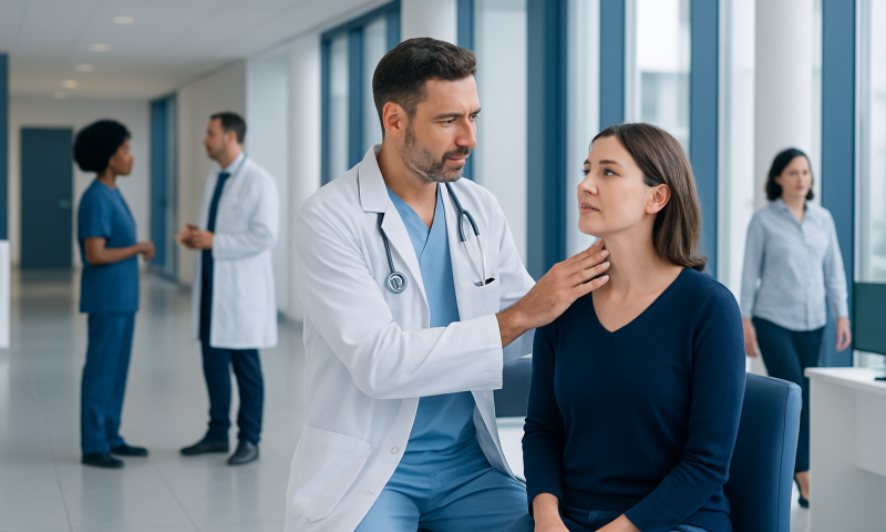 ENT specialist examines a young woman's throat in a hospital setting.