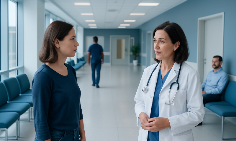Doctor consulting with a patient in a hospital corridor.