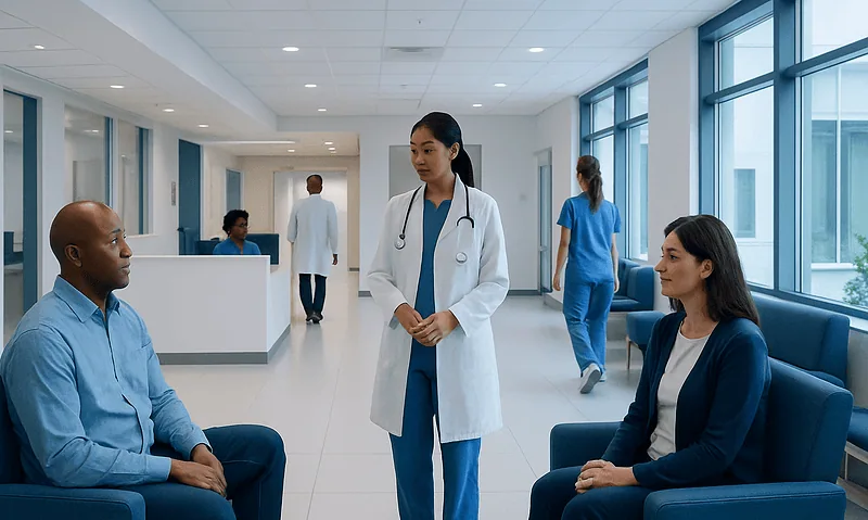 Medical consultation at Acibadem Hospital with doctor and patients.