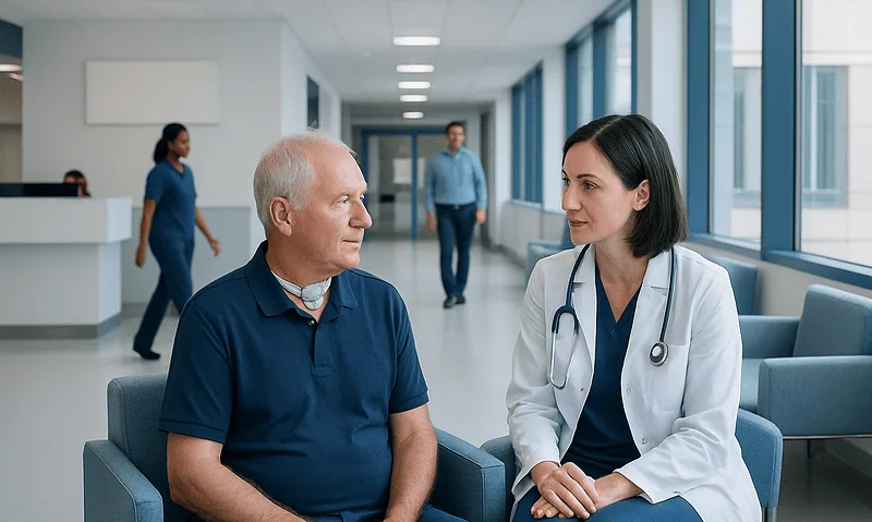 Doctor consulting with an elderly male patient in a hospital corridor.