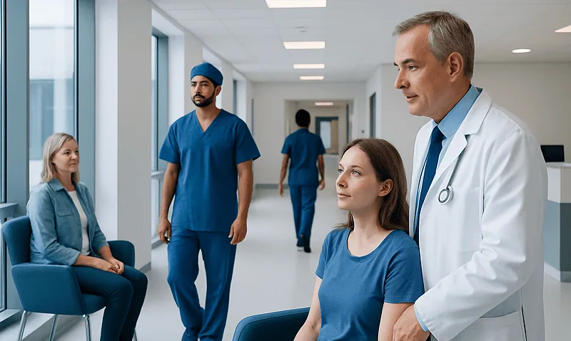 Doctor consulting with patients in a hospital corridor.