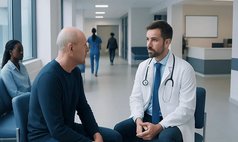 Tracheal Resection: Procedure, Recovery and Results 8 Doctor consulting with patient in hospital corridor for tracheal surgery discussion.