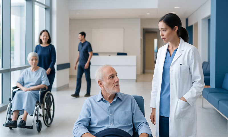 Healthcare professionals and patients in a hospital corridor.