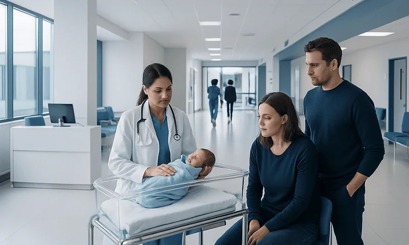 Newborn baby in hospital with parents and nurse in a modern hospital corridor.