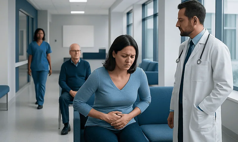 Patient experiencing abdominal pain in a hospital corridor with medical staff nearby.