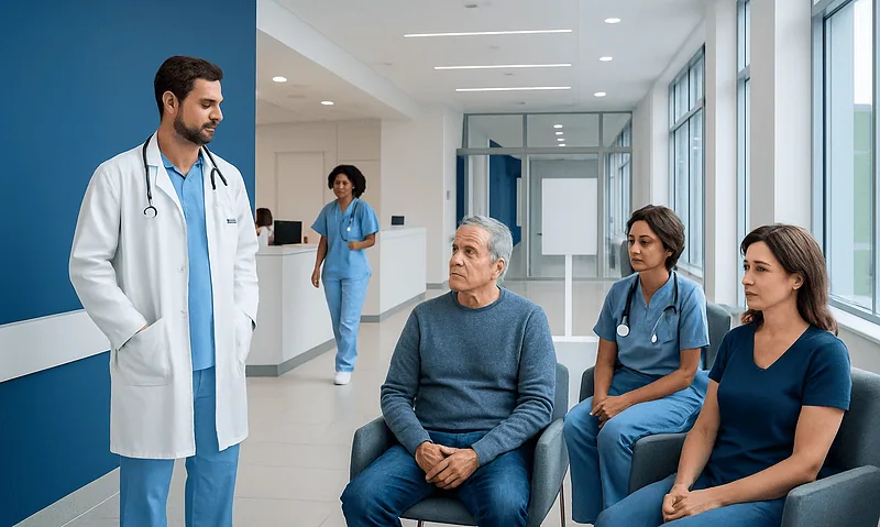 Doctor consulting elderly patient with medical staff in hospital corridor.