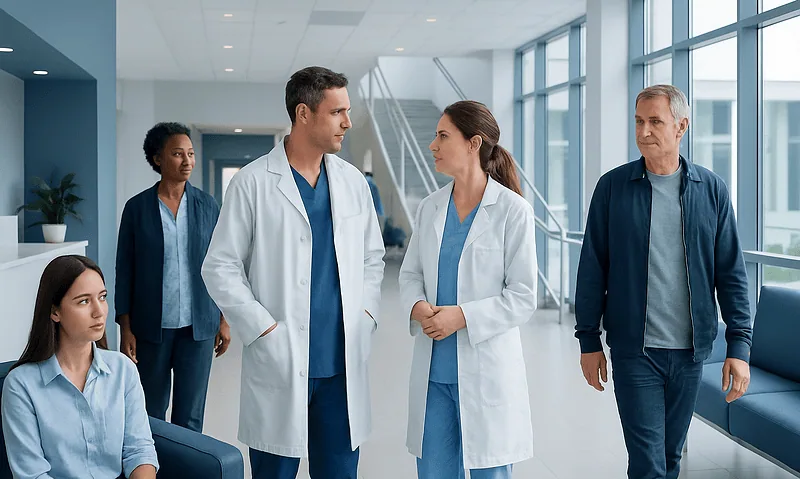 Medical team discussing patient care in a modern hospital corridor.