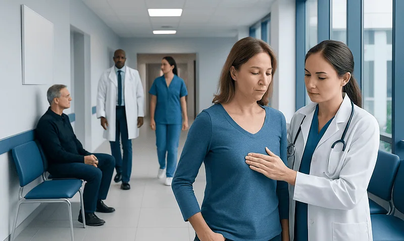 Doctor examining a patient in a hospital corridor with other medical staff present.