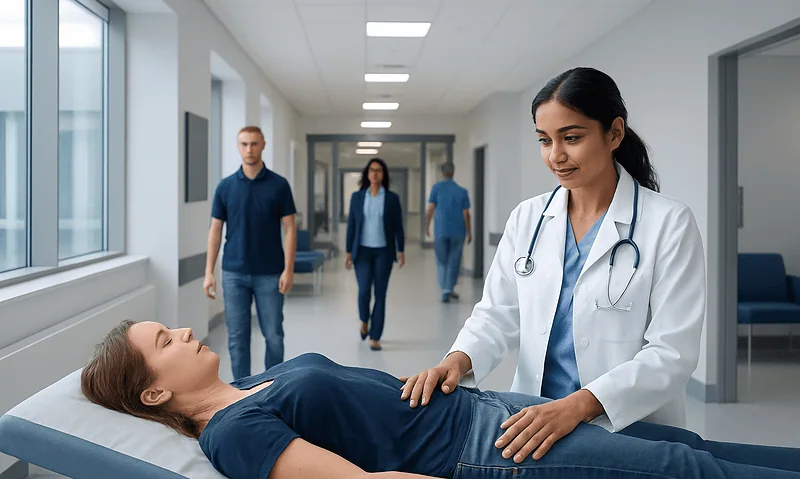 Doctor examining patient in hospital corridor for vertigo treatment.